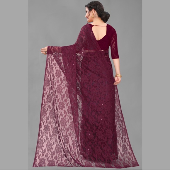 ❤️Pearl Embellished Net Jacquard Saree with Unstitched Blouse❤️ Maroon - Picture 2 of 7